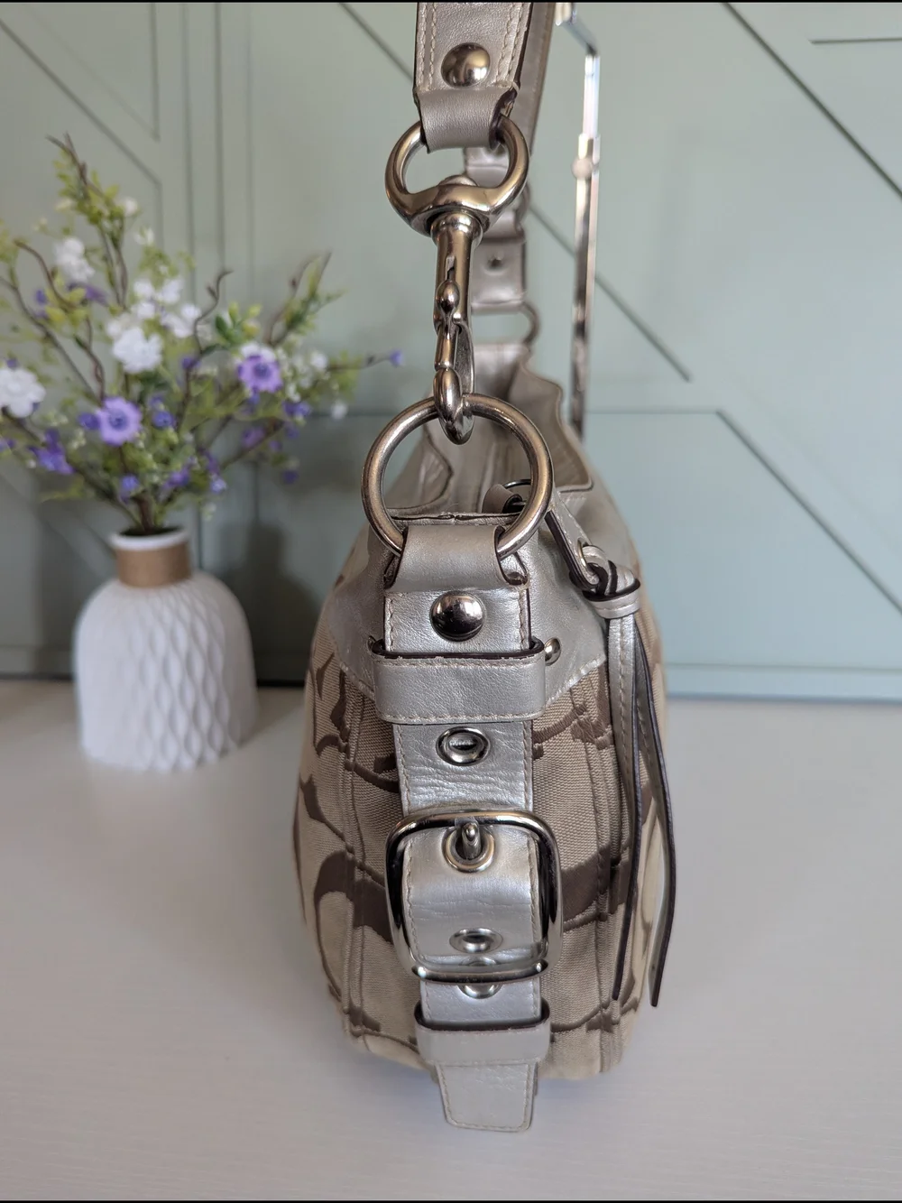 Coach Signature Canvas Hobo Bag in Brown and Metallic Taupe